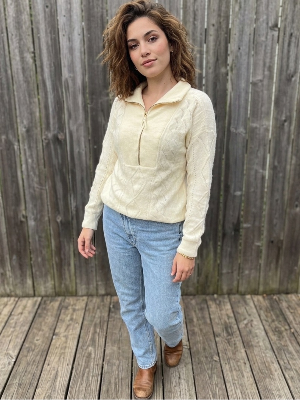 Talbots Ivory Cable-Knit Half-Zip Sweater